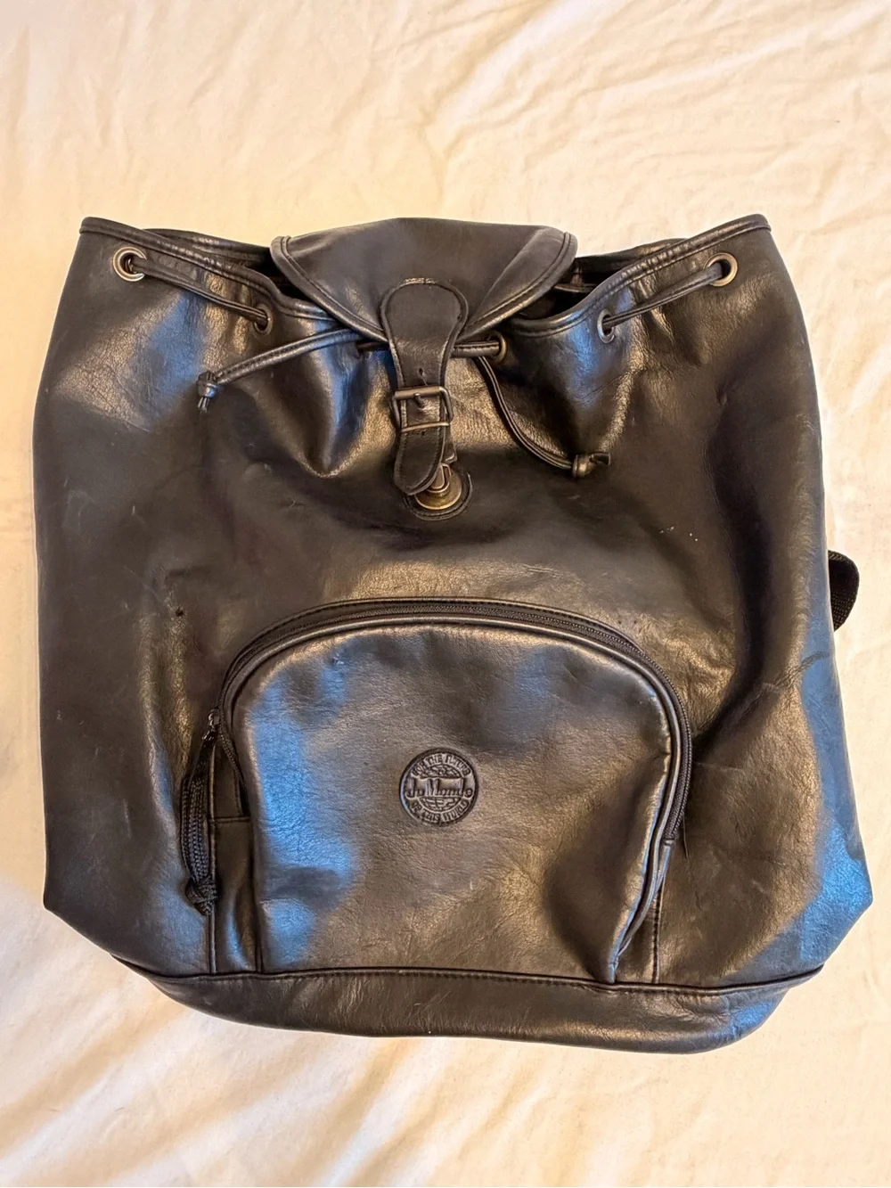 Du Monde Black Leather Cinch Top Backpack Full Size Commuter Travel